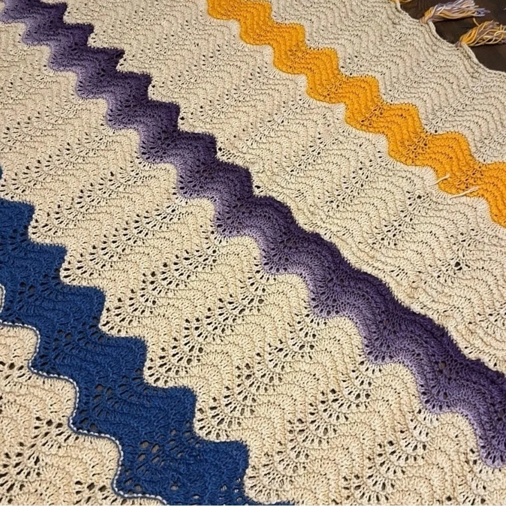 Hand Crocheted Knit Twin Size Afghan Throw Blanket Cream, Yellow, Purple & Blue